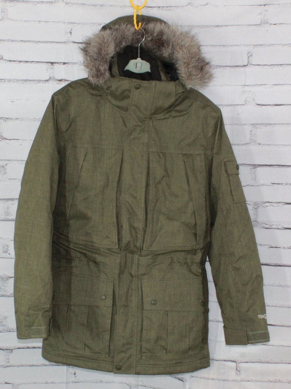 LL Bean Baxter State Parka Jacket Down Fur Trim Hood Green L Reg READ FLAW